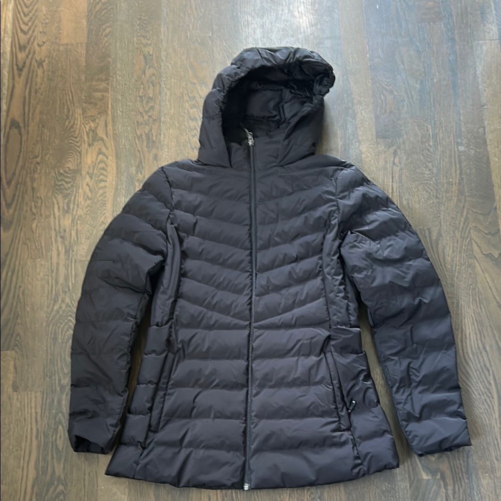 Black Chevron Quilted Puffer Jacket with Hood